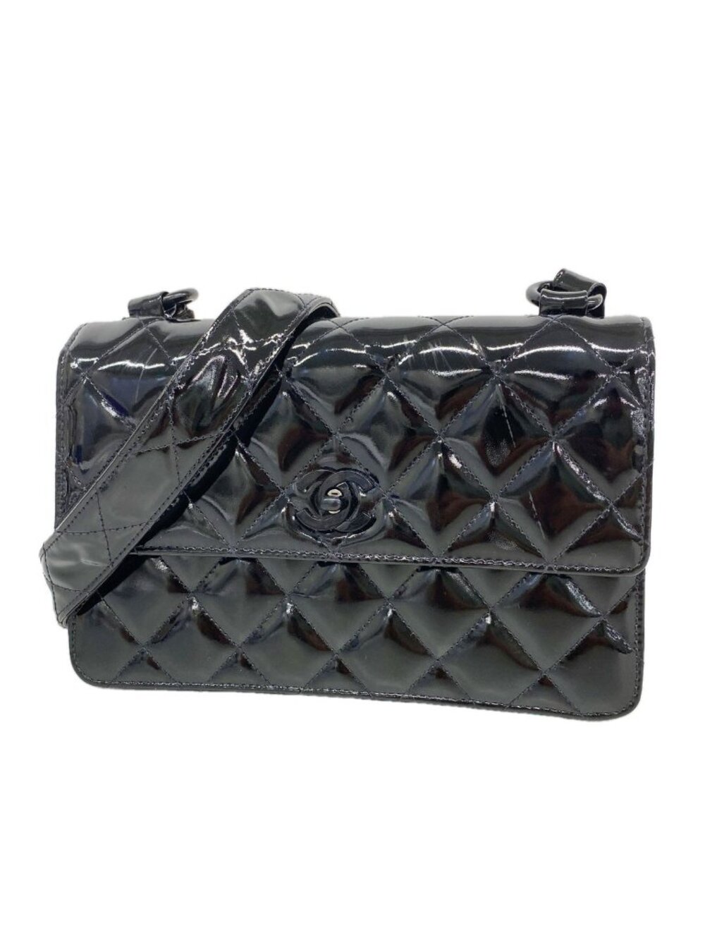Chanel Shoulder Bag Quilted Patent Leather Black Silver